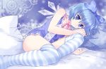  adapted_costume bad_id blue blue_eyes blue_hair bow cirno lingerie looking_at_viewer lying nightgown on_side pico_(picollector79) ribbon ribbon_choker short_hair solo striped striped_legwear striped_thighhighs thigh-highs thighhighs touhou 