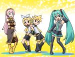  aqua_hair back-to-back back_to_back blonde_hair blue_hair doraemon fujiko_f_fujio_(style) hatsune_miku kagamine_len kagamine_rin long_hair megurine_luka multiple_girls parody pink_hair siblings style_parody thighhighs twintails ueyama_michirou very_long_hair vocaloid 