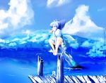  blue blue_eyes blue_hair bow cirno dearmybrothers hair_bow horohoro mouth_hold popsicle reflection short_hair sitting_on_object suika_bar touhou v_arms water wings 