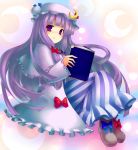  bad_id blush book bow capelet crescent hair_bow hat holding long_hair open_mouth patchouli_knowledge purple_eyes purple_hair robe shoes solo striped touhou tsukumiya_amane violet_eyes 