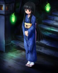  1girl black_hair ghost green_eyes highres hitodama japanese_clothes jikko_(hktskm) kimono light_particles long_hair obi original sandals sash solo stairs stone_lantern stone_stairs tabi very_long_hair youkai 