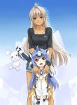  blue_eyes blue_hair bra cyborg dark_skin getsumen highres kos-mos lingerie long_hair open_mouth red_eyes smile stuffed_animal stuffed_toy t-elos underwear xenosaga xenosaga_episode_iii young 