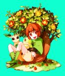  1girl brown_eyes brown_hair dada_(dolce) flower gym_leader leafeon natane_(pokemon) open_mouth orange_eyes orange_hair petals pokemon pokemon_(creature) pokemon_(game) pokemon_dppt short_hair sitting smile tree turtwig yellow_eyes 