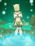  bad_id blonde_hair blue_eyes cat_ears cat_tail clola96 collarbone commentary elbow_gloves feet_in_water final_fantasy final_fantasy_xi fingerless_gloves gloves grass headband light midriff mithra navel short_hair sitting soaking_feet solo tail translation_request water 