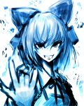  31_violence \m/ bad_id blue cirno face grin hands highres monochrome smile solo touhou 