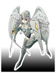  absurdres angel angel_wings armor armored_dress armpits breastplate frown gauntlets greaves grey_hair highres hoshino_souichirou long_hair magic:_the_gathering metal_wings personification plate_armor platinum_angel school_swimsuit shield swimsuit sword thigh-highs weapon wings yellow_eyes zettai_ryouiki 