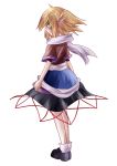  1girl blonde_hair floating_hair full_body green_eyes guuchama highres looking_back mizuhashi_parsee pointy_ears ponytail sash scarf shady_eyes short_sleeves solo tears touhou white_background 