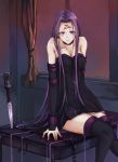  1girl bare_shoulders breasts chain cleavage collar dress elbow_gloves facial_mark fate/stay_night fate_(series) forehead_mark gloves highres long_hair m_sakura586 purple_hair rider sitting sleeveless solo strapless_dress thigh-highs type-moon very_long_hair violet_eyes 