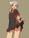  1girl :d animal_ears black_skirt blush brown_background dog_ears grey_eyes long_hair martina_crespi open_mouth panties pleated_skirt ponytail red_panties shibasaki_shouji silver_hair skirt skirt_lift smile solo strike_witches underwear wristband 