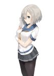  1girl akiha_(attract) black_legwear blue_eyes cowboy_shot gloves hair_ornament hairclip hamakaze_(kantai_collection) kantai_collection looking_at_viewer pantyhose school_uniform serafuku short_hair silver_hair simple_background skirt solo white_background white_gloves 