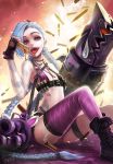  1girl :d bangs bikini_top blue_hair boots braid bullet cutoffs dated fingerless_gloves flat_chest gloves goomrrat highres jewelry jinx_(league_of_legends) league_of_legends long_hair looking_at_viewer necklace open_mouth purple_legwear sandwich shell_casing short_shorts shorts signature single_thighhigh sitting smile solo sparkle swept_bangs tattoo tears thigh-highs thigh_strap tongue tongue_out twin_braids very_long_hair violet_eyes weapon 