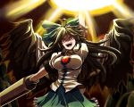  1girl :d ahoge arm_cannon arm_up black_hair black_wings bow breasts bust constricted_pupils energy_ball feathered_wings frilled_skirt frills green_skirt hair_bow large_breasts long_hair open_mouth puffy_short_sleeves puffy_sleeves red_eyes reiuji_utsuho rens_(pixiv) shaded_face shirt short_sleeves skirt smile solo spread_wings sunburst taut_clothes taut_shirt third_eye touhou weapon white_shirt wings 