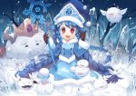  1girl :d blue_hair braid coat fred04142 hat league_of_legends long_hair looking_at_viewer lulu_(league_of_legends) open_mouth red_eyes sitting smile solo staff twin_braids wariza winter_clothes winter_coat witch_hat 