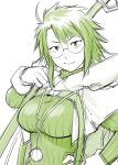 1girl breasts cloak fang glasses green hand_on_hip hood jewelry large_breasts log_horizon long_sleeves looking_at_viewer monochrome necklace roe2 short_hair smile solo sweater ueyama_michirou 