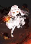  1girl ahoge ann_(pixiv) covered_mouth dress highres horns kantai_collection long_hair looking_at_viewer machinery mittens northern_ocean_hime orange_eyes panties shinkaisei-kan side-tie_panties solo standing_on_one_leg turret underwear white_dress white_hair white_skin 