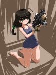  1girl black_hair gloves green_eyes gun kneeling long_hair machine_gun original rohitsuka school_swimsuit swimsuit weapon 