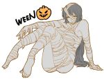  1girl a_will bandages halloween halloween_costume jack-o&#039;-lantern kago1205 long_hair monochrome mummy_(cosplay) 
