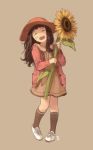  1girl absurdres blush brown_hair closed_eyes dicorndl dress flower hat highres long_hair open_mouth original pigeon-toed shoes socks solo sunflower 