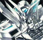  absurdres black_background daue fighting_stance gundam gundam_build_fighters gundam_build_fighters_try highres mecha solo traditional_media transient_gundam 