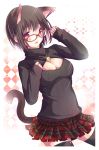  1girl animal_ears bell black_legwear blush breasts cat_ears cat_tail cleavage cleavage_cutout extra_ears glasses looking_at_viewer open-chest_sweater original plaid plaid_skirt red-framed_glasses red_skirt short_hair sisco skirt solo sweater tail thigh-highs violet_eyes zettai_ryouiki 