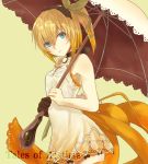  1girl blonde_hair blue_eyes choker copyright_name edna_(tales) getfulness-0720 hair_ribbon hairband ribbon short_hair side_ponytail simple_background skirt solo tales_of_(series) tales_of_zestiria tress_ribbon umbrella white_skirt yellow_background 