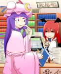  2girls anger_vein blank_stare book bookshelf capelet commentary_request double_bun dress finger_to_mouth head_wings highres indoors koakuma library long_hair looking_at_viewer mob_cap multiple_girls okahi patchouli_knowledge pink_dress purple_hair redhead sitting standing tareme touhou violet_eyes wide_sleeves 
