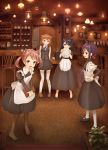  4girls :d akebono_(kantai_collection) animal_ears bandaid bandaid_on_face black_hair boots brick_wall bronze_parrot brown_hair cat_ears clock countertop cup hair_bobbles hair_ornament high_heels highres indoors kantai_collection kemonomimi_mode kitchen_scale lamp lo_(rogu_ryouiki) multiple_girls oboro_(kantai_collection) open_mouth pavement pink_eyes pink_hair purple_hair restaurant running_bond sazanami_(kantai_collection) side_ponytail skirt smile tagme teacup thigh-highs thigh_boots tray ushio_(kantai_collection) vest violet_eyes waitress white_legwear zettai_ryouiki 