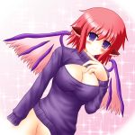  1girl bird_ear bird_wings blush bottomless breasts cleavage highres mystia_lorelei open-chest_sweater pink_hair ribbed_sweater solo sweater touhou violet_eyes yani_tama 