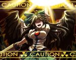  1girl :d ahoge arm_cannon arm_up black_hair black_wings bow breasts bust caution constricted_pupils energy_ball feathered_wings frilled_skirt frills green_skirt hair_bow large_breasts long_hair open_mouth puffy_short_sleeves puffy_sleeves radiation_symbol red_eyes reiuji_utsuho rens_(pixiv) shaded_face shirt short_sleeves skirt smile solo spread_wings sunburst taut_clothes taut_shirt third_eye touhou weapon white_shirt wings 