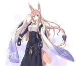  1girl animal_ears arms_up bare_shoulders braid breasts flower fox_ears fox_tail japanese_clothes large_breasts long_hair looking_at_viewer momoyama_tsutsune original pink_hair poco_(asahi_age) smile solo tail very_long_hair wide_sleeves 