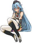  1girl alternate_costume bare_shoulders blue_hair blush detached_sleeves food fruit hat hinanawi_tenshi long_hair peach red_eyes sachito solo thigh-highs touhou 