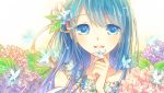  1girl absurdres blue_eyes blue_hair blush flower highres kam_(kkying2008) original solo 