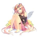  1girl barefoot blue_eyes braid btoor choker feet flower head_tilt head_wreath ia_(vocaloid) long_hair looking_at_viewer open_mouth pink_hair simple_background sitting skirt solo very_long_hair vocaloid white_background wings 