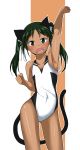  1girl animal_ears arm_up cat_ears cat_tail collarbone competition_swimsuit covered_navel cowboy_shot dark_skin fang flat_chest francesca_lucchini green_eyes green_hair hair_ribbon highres long_hair maru_(maruttona) one-piece_swimsuit open_mouth outline ribbon smile solo strike_witches swimsuit tail twintails 
