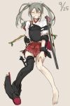  1girl barefoot bow_(weapon) closed_eyes green_hair grin japanese_clothes kantai_collection muneate ree_(re-19) single_shoe single_thighhigh smile solo thigh-highs twintails weapon zuikaku_(kantai_collection) 