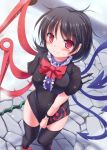  1girl asymmetrical_wings black_dress black_hair black_legwear blush bow covering covering_crotch dress highres houjuu_nue looking_at_viewer lzh messy_hair polearm red_eyes short_sleeves snake solo thigh-highs touhou trident wavy_mouth weapon wings zettai_ryouiki 