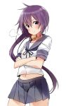  akebono_(kantai_collection) bell crossed_arms kantai_collection minoinomi navel purple_hair skirt violet_eyes 