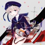  1girl aa_gun blue_eyes blush character_name clothes_writing dated hat holding ichikura_tokage kantai_collection long_sleeves machinery military military_uniform neckerchief open_mouth sailor_collar sailor_hat short_hair silver_hair solo sparkle uniform z1_leberecht_maass_(kantai_collection) 