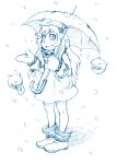  1girl :d ahoge bbb_(friskuser) dress highres holding horns kantai_collection long_hair mittens northern_ocean_hime open_mouth shinkaisei-kan smile snowing solo umbrella 
