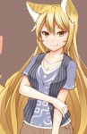  1girl alternate_costume alternate_hair_length alternate_hairstyle animal_ears blonde_hair brown_background casual collarbone fox_ears fox_tail grin highres long_hair looking_at_viewer multiple_tails no_hat shirt shorts simple_background smile solo tail tamahana touhou very_long_hair yakumo_ran yellow_eyes 
