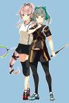  2girls alternate_costume badminton_racket green_eyes grey_hair highres kantai_collection multiple_girls pantyhose pink_hair ponytail racket sahuyaiya skirt sportswear yellow_eyes yura_(kantai_collection) yuubari_(kantai_collection) 