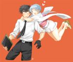  1boy 1girl black_hair blue_hair blush closed_eyes gloves hug hug_from_behind japanese_clothes jigoku_sensei_nube k-mame kimono long_hair necktie nueno_meisuke payot short_hair short_kimono smile yukime_(jigoku_sensei_nube) 