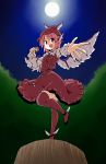  1girl animal_ears blush dress full_moon hat kousei_(public_planet) moon mushroom mystia_lorelei night night_sky open_mouth outstretched_arms pink_hair red_eyes short_hair sky smile solo touhou wings 
