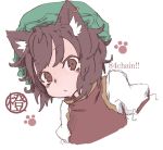  1girl animal_ears bow brown_eyes brown_hair cat_ears character_name chen earrings hat jewelry osaname_riku short_hair sketch solo touhou 