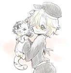  1boy blonde_hair freckles gokotai_(touken_ranbu) hair_over_one_eye hat holding male_focus ouno simple_background sketch smile solo tiger tiger_cub tongue tongue_out touken_ranbu white_background yellow_eyes 
