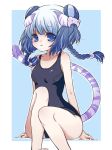  1girl blue_eyes blue_hair blush braid breasts cat_hair_ornament cleavage double_bun hair_ornament haku_(p&amp;d) long_hair multicolored_hair one-piece_swimsuit parted_lips puzzle_&amp;_dragons silver_hair solo swimsuit tail takoyaki_kenken tiger_tail twin_braids two-tone_hair 