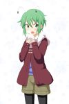  1girl alternate_costume antennae blush casual cato_(monocatienus) checkered coat contemporary dumpling green_eyes green_hair highres holding looking_at_viewer open_mouth short_hair shorts simple_background solo steam touhou white_background winter_clothes winter_coat wriggle_nightbug 
