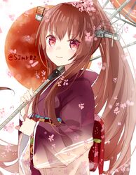  brown_eyes brown_hair kantai_collection kimono long_hair parasol personification ponytail smile yamato_(kantai_collection) 