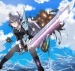  1girl cardigan energy_sword explosion eyepatch grin gundam gundam_seed highres kantai_collection necktie purple_hair short_hair smile solo strike_gundam sword sword_strike_gundam tenryuu_(kantai_collection) thigh-highs usamimi_(usamimiok) water weapon zettai_ryouiki 