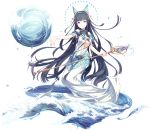  1girl bangs bare_shoulders black_hair blue_eyes blunt_bangs breasts cleavage dress full_body h2so4 hairband headgear long_hair outstretched_arm payot solo staff transparent_background very_long_hair white_dress 